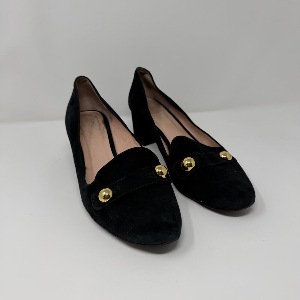 Kate Spade Black Suede Block Heel Pumps 9.5 Gold Stud